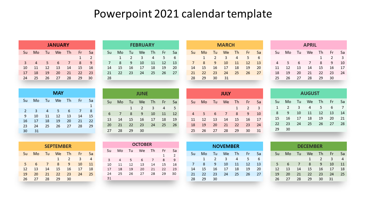 Colorful 2021 PowerPoint calendar template with monthly grids arranged in a structured layout on a white backdrop.