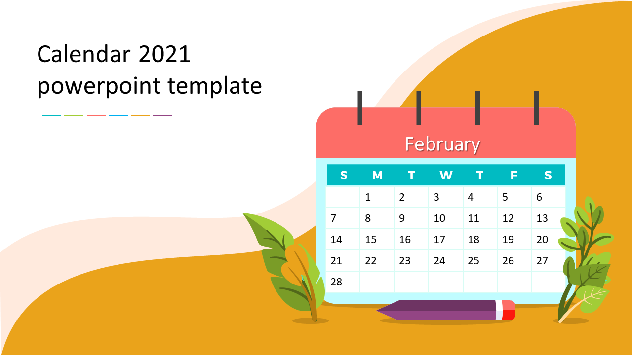 February 2021 calendar slide with a minimalistic design and nature-inspired accents on a curved orange background.