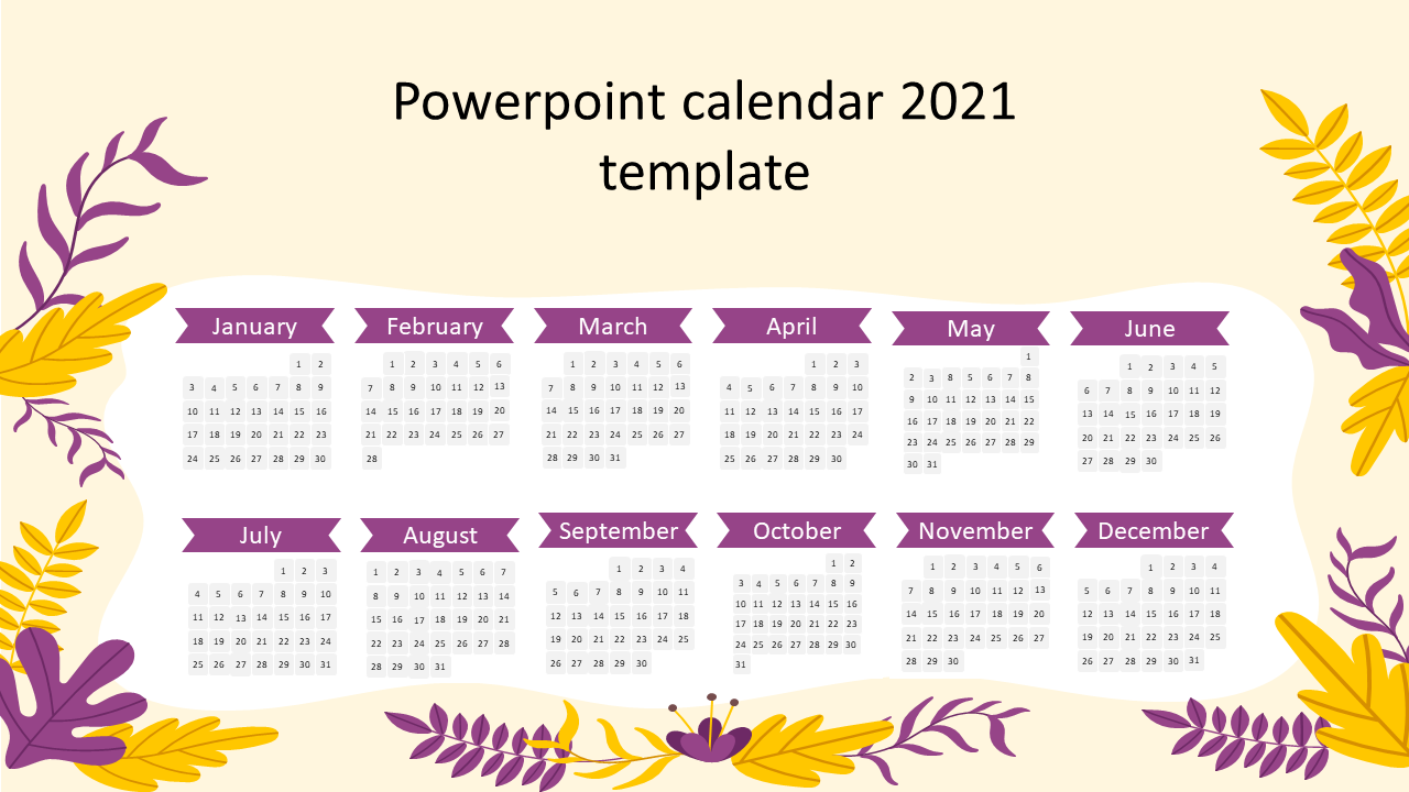 Elegant 2021 PowerPoint calendar template with a floral design, soft pastel colors, and a structured monthly layout.