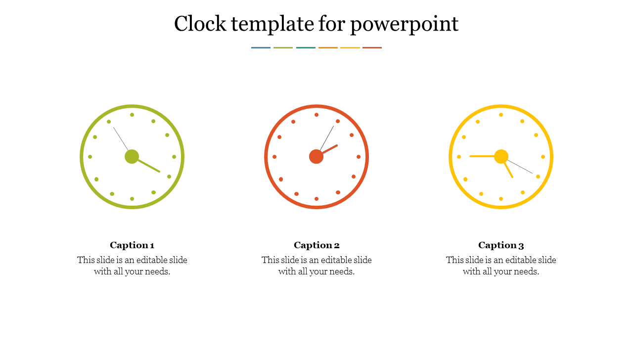 PowerPoint template with three simple clock icons in green, orange, and yellow, each with captions.