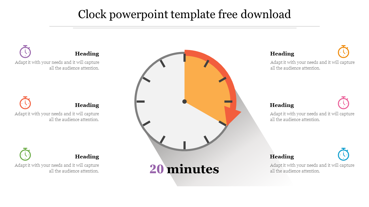 Clock themed slide showing a clock with 20 minutes highlighted in orange and six sections for headings and text around it.