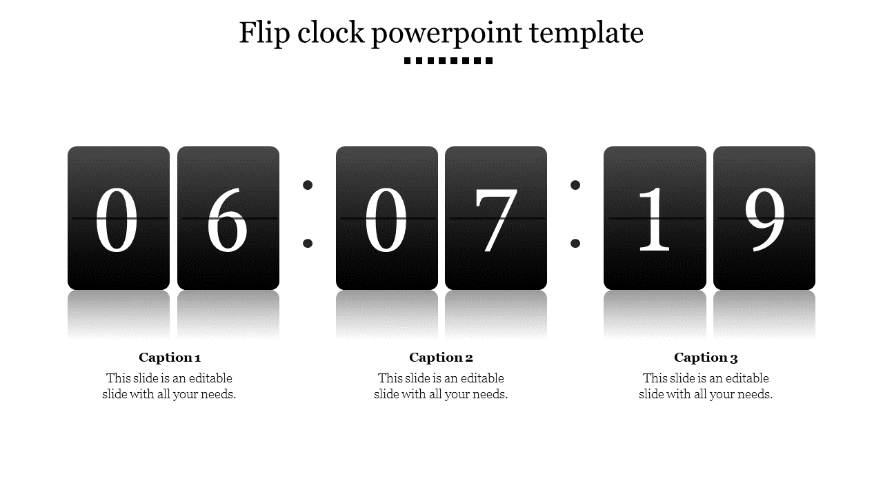 Digital flip clock-style display showing time,  with three placeholders text areas.