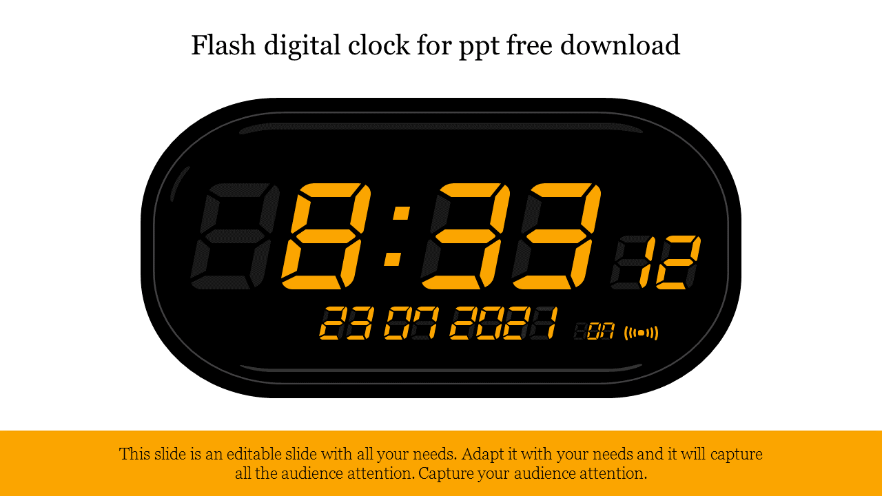 Black digital clock featuring yellow numbers displaying time, date, and alarm status with orange footer section.