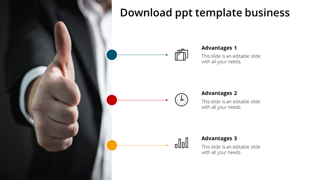 Slide with a person giving a thumbs up, and three colored dots in blue, red, and orange, paired with icons and captions.