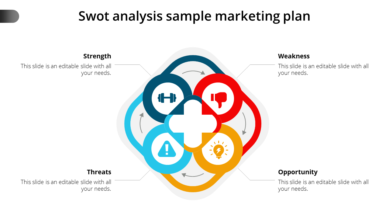 A colorful SWOT analysis marketing plan slide featuring icons with captions.