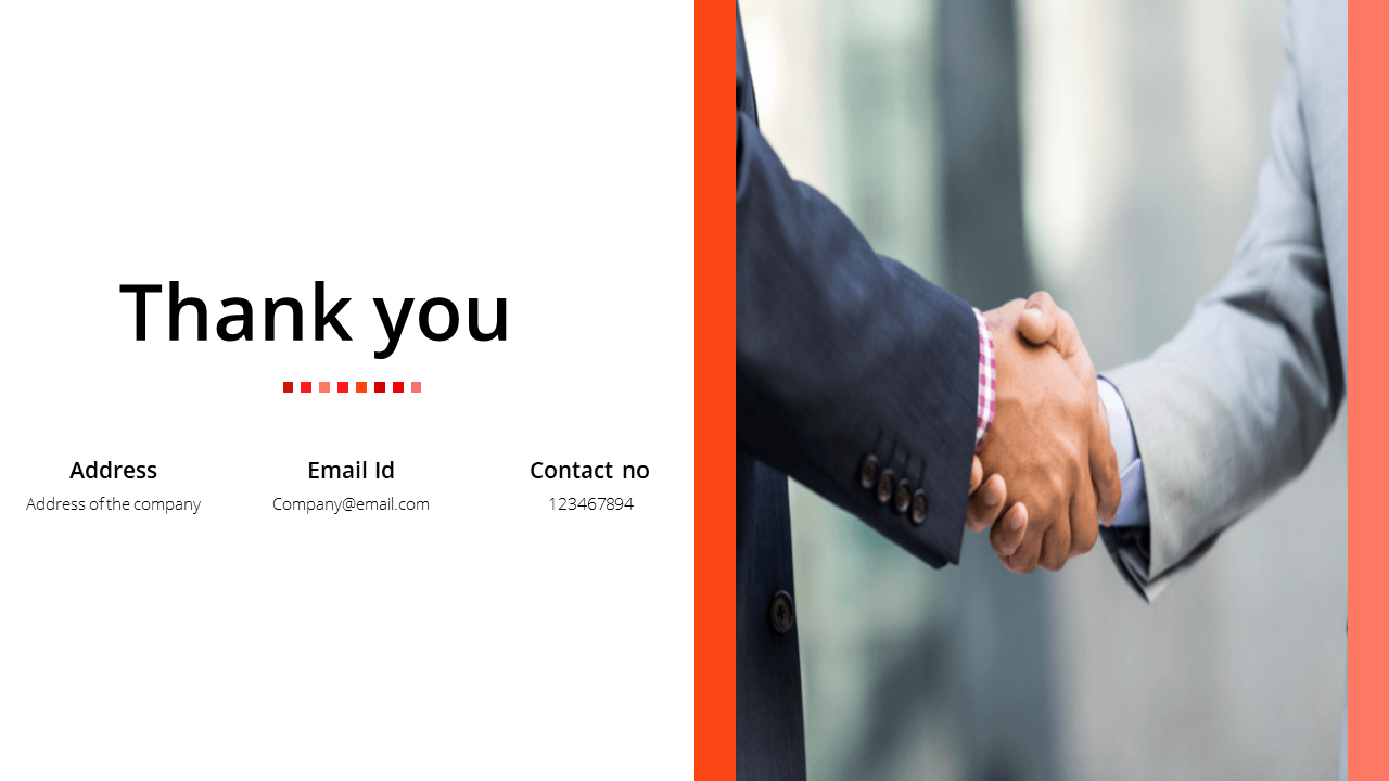 Professional thank you slide featuring address, email, and contact number alongside a handshake image.