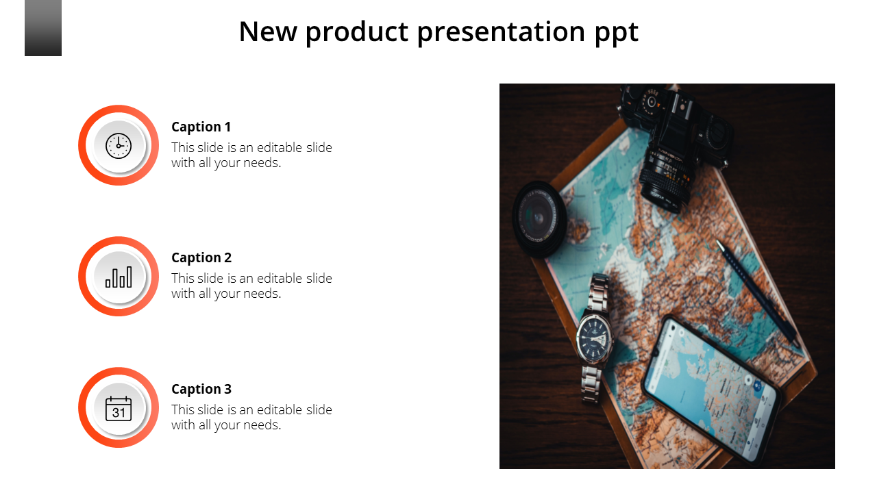 New product presentation PowerPoint template with three caption points and a travel themed image on the right.