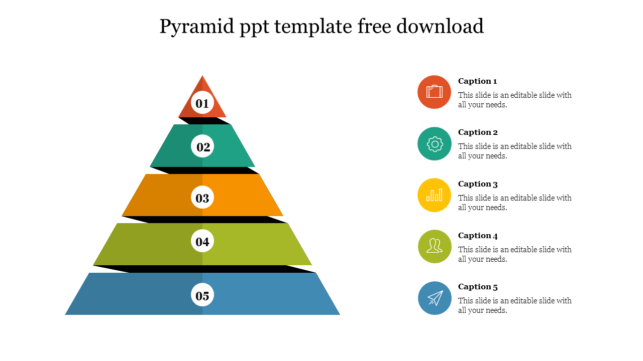 Five tiered pyramid with vibrant layers in red, teal, orange, green, and blue, with numbered sections and icons.