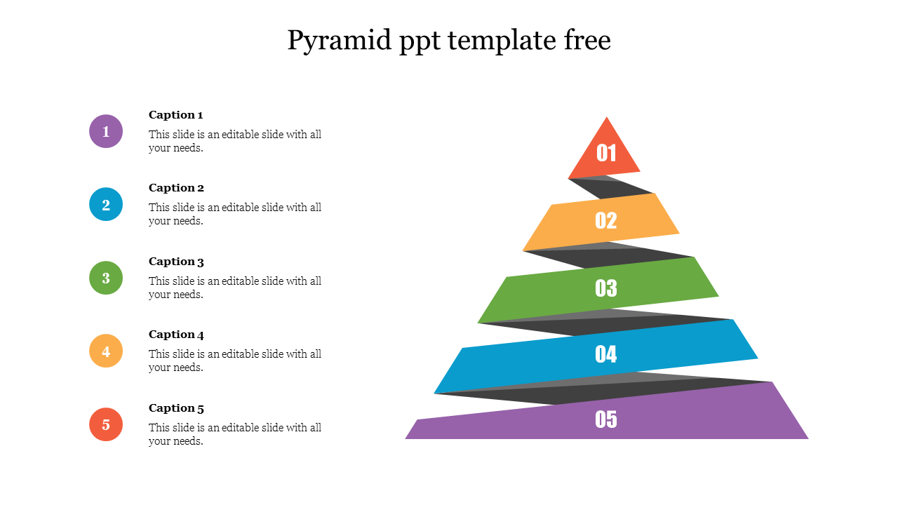 Colorful five layer pyramid PowerPoint template with numbered sections and captions on a white backdrop.