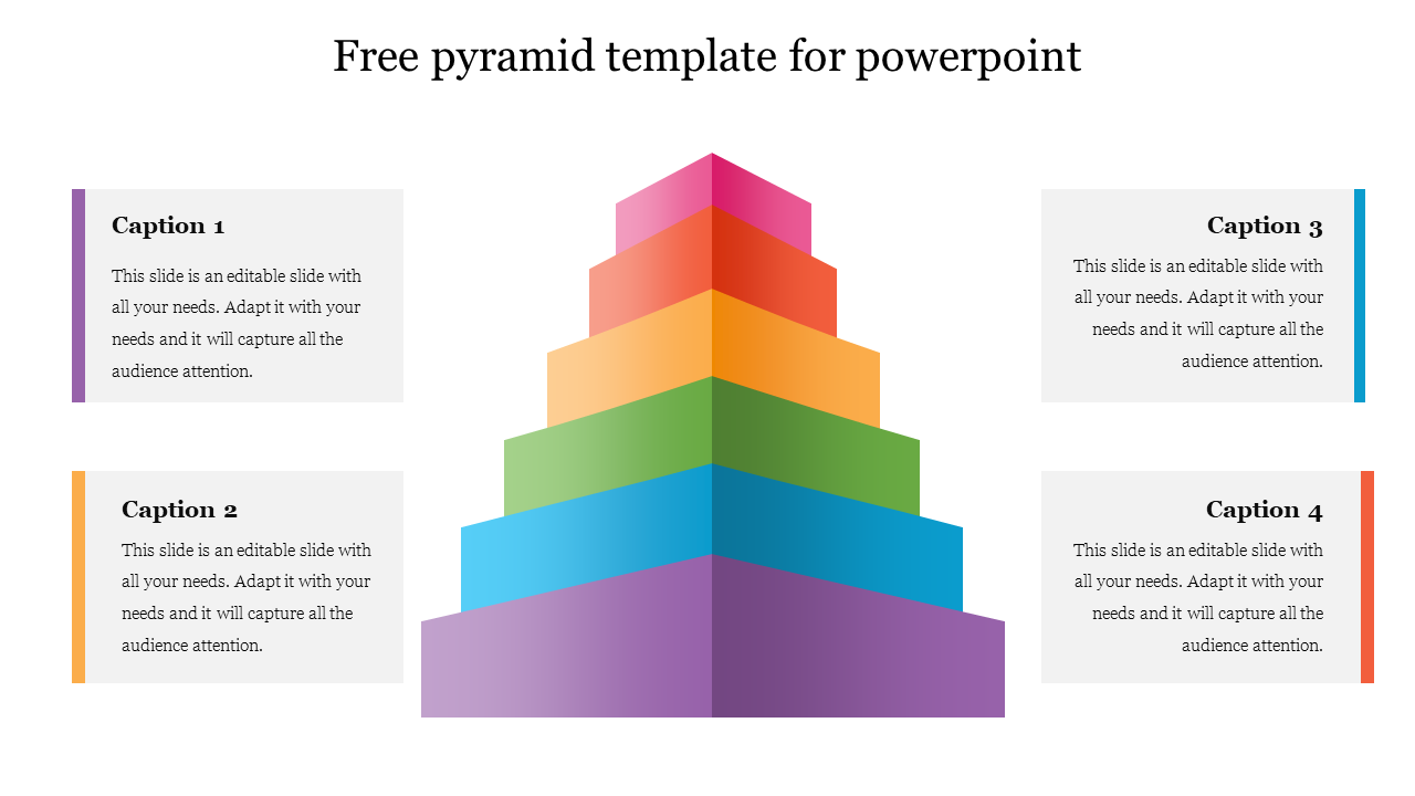 Layered pyramid design in bright tones surrounded by four rectangular text blocks with purple, orange, blue, and red accents.