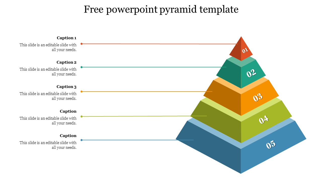 Layered pyramid template featuring five numbered sections from top to bottom, each connected to captions areas.