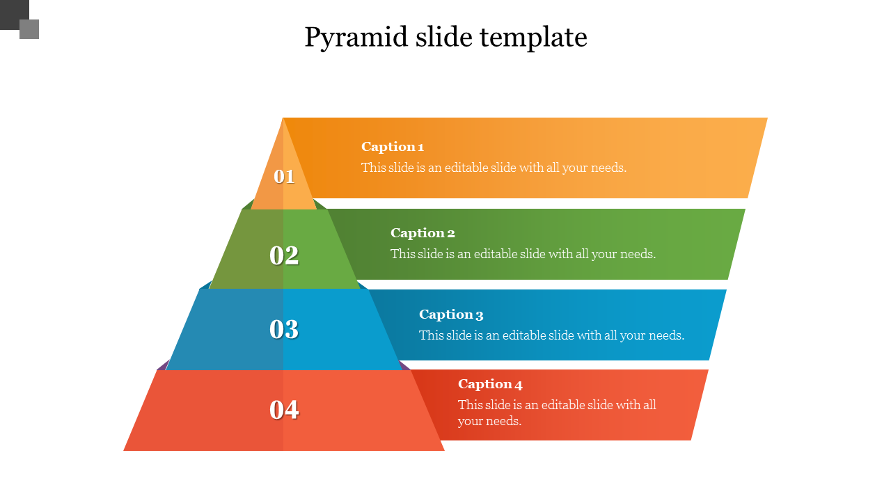 Four layered 3D pyramid with sections in orange, green, blue, and red, each labeled with a number and caption.