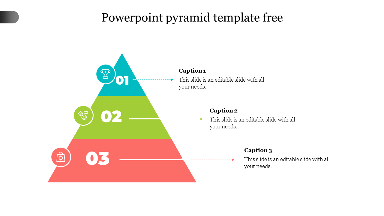 Pyramid template with three colorful layers labelled 01, 02, and 03, each with corresponding caption area on the right.