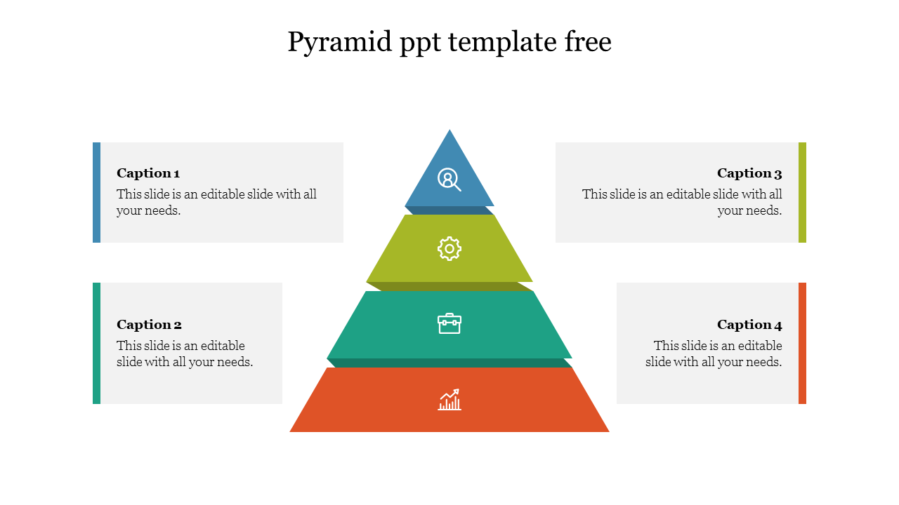 Four-level pyramid with blue, green, teal, and orange layers, each with icons and captions on both sides.