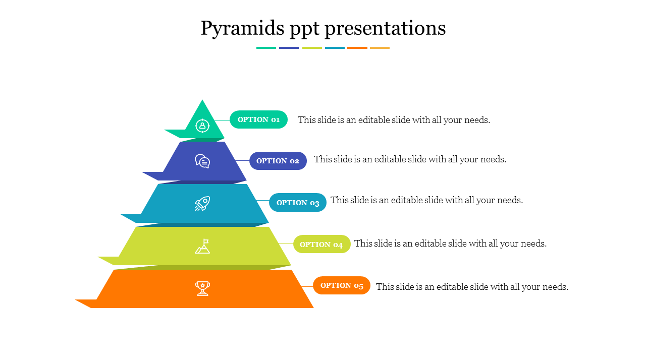 Multi layered pyramid with green, blue, teal, yellow, and orange colors and icons representing different options.