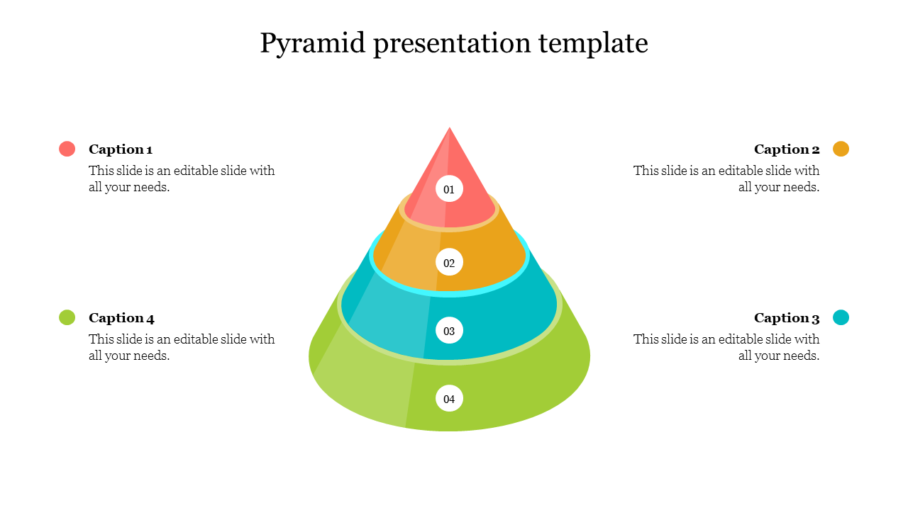 Four colorful layered 3D pyramid presentation slide with numbered sections and captions on each side on a white backdrop.