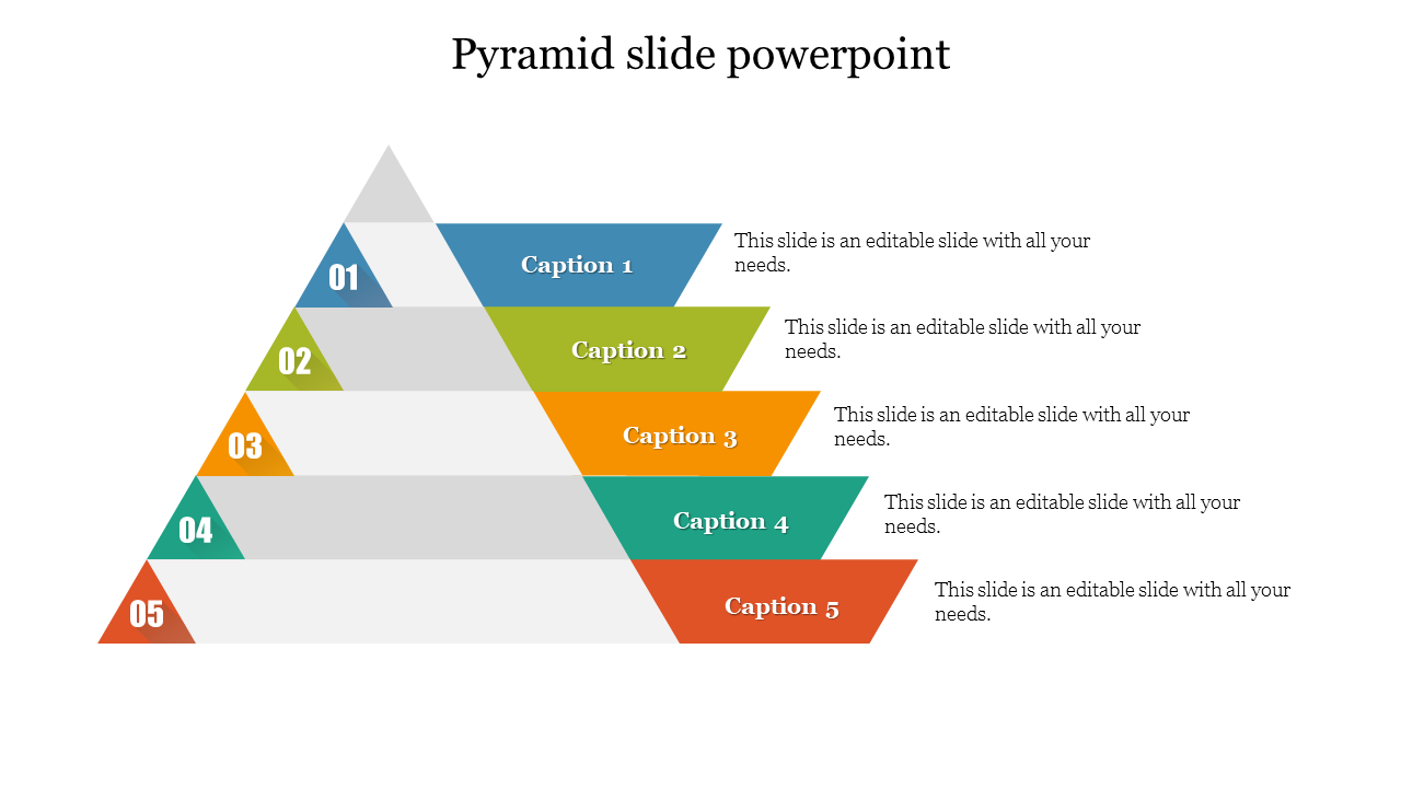 Pyramid shape with multiple layers in blue, green, orange, teal, and red colors stacked in descending order.