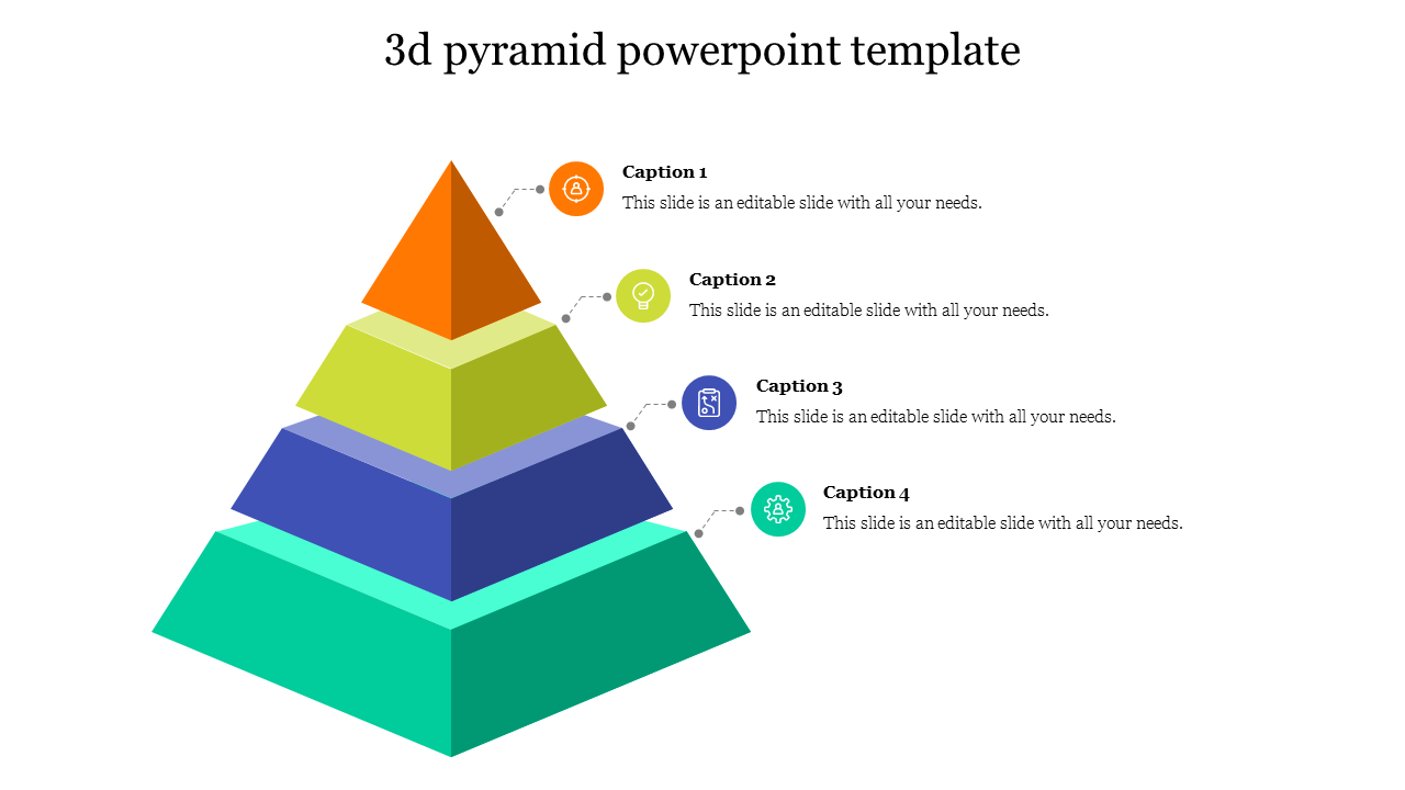 Colorful 3D pyramid PowerPoint template with four labeled segments and corresponding captions with icons on a white backdrop.