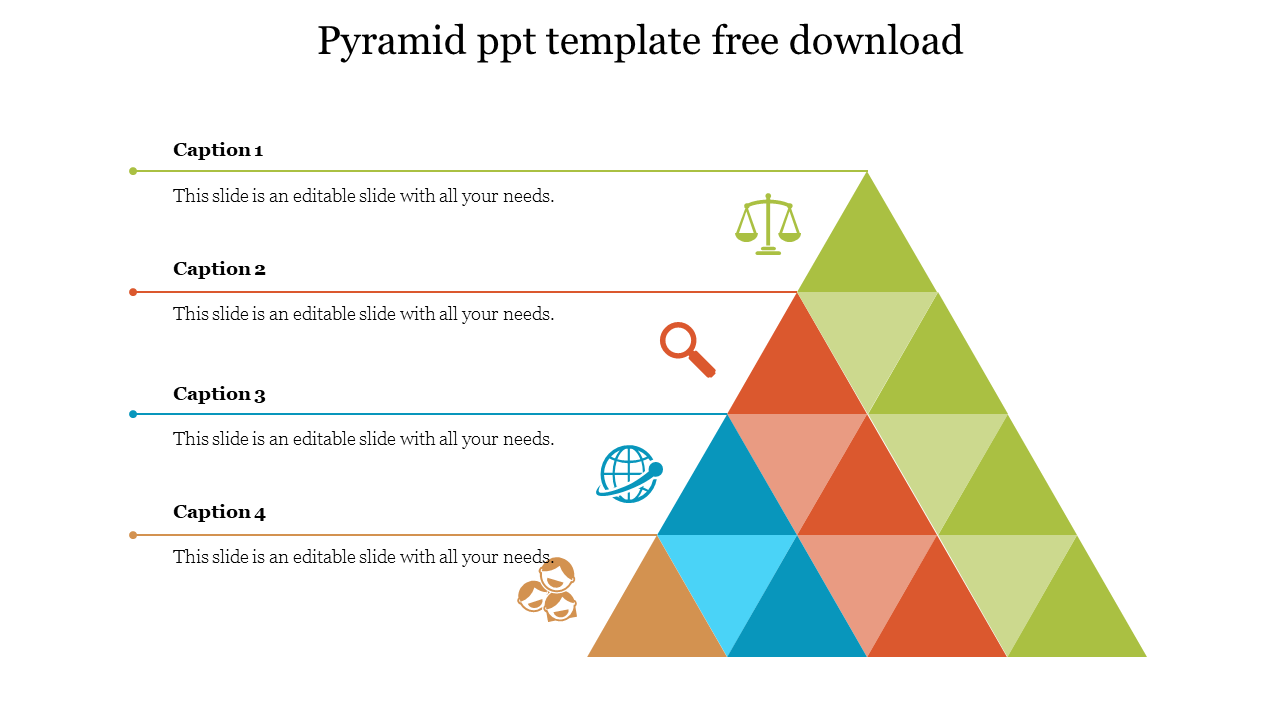 Slide featuring a four level pyramid with green, orange, blue, and gold triangular sections and corresponding captions.