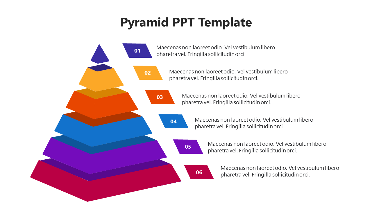 Multicolored 3D pyramid with six levels, each labeled with numbers and corresponding text sections on the right.