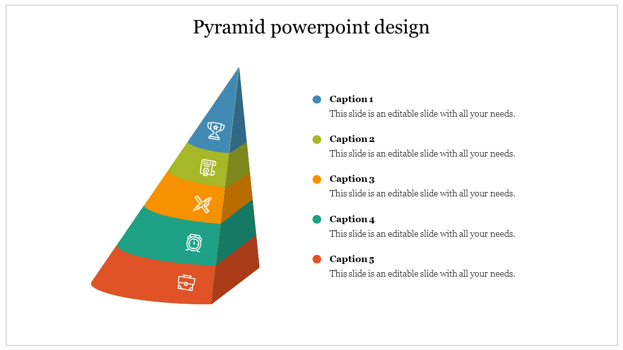 Colorful 3D pyramid PowerPoint slide design with five stacked layers, each labeled with icons and captions.