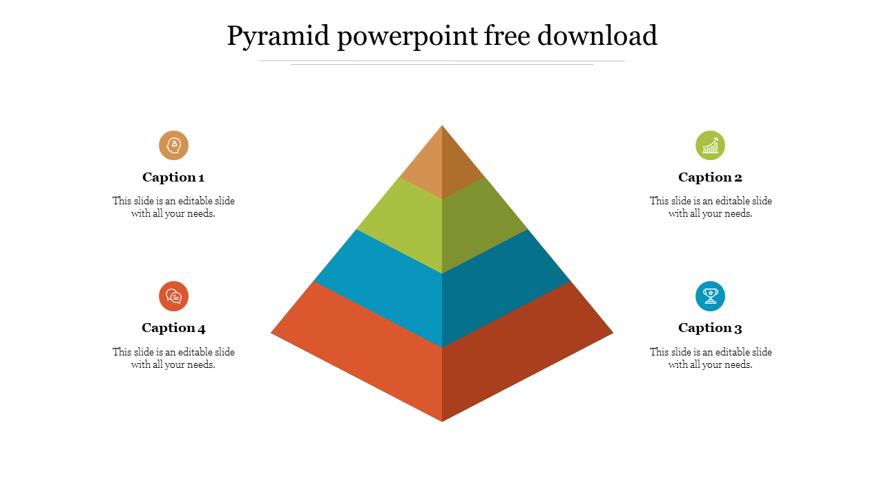 Four tiered 3D pyramid with colorful sections in orange, blue, green, and brown, surrounded by captions with icons.