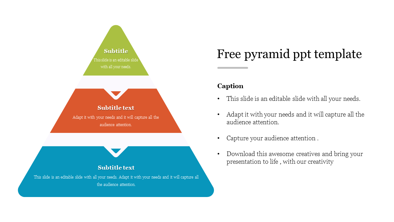 A pyramid diagram divided into three sections with subtitle text, supported by a caption field on the right.