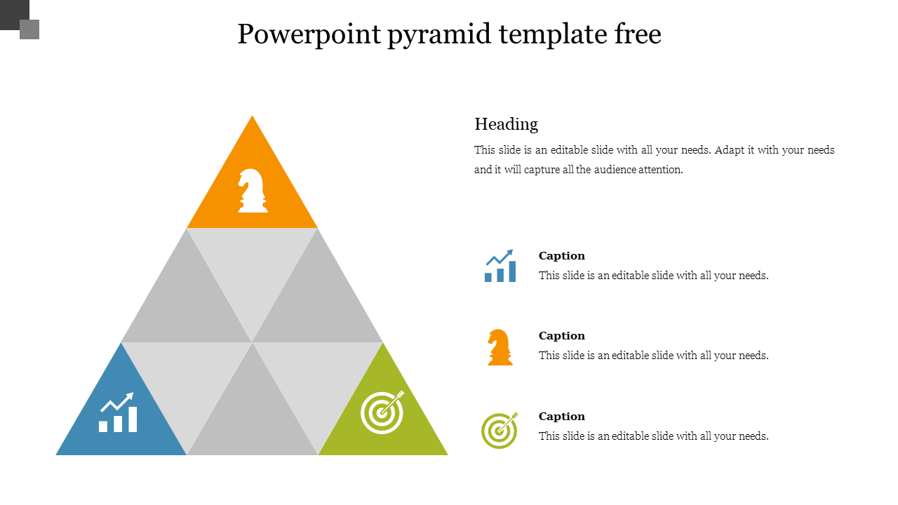 Pyramid PowerPoint template with a segmented triangular design and color coded icons with captions on a white backdrop.