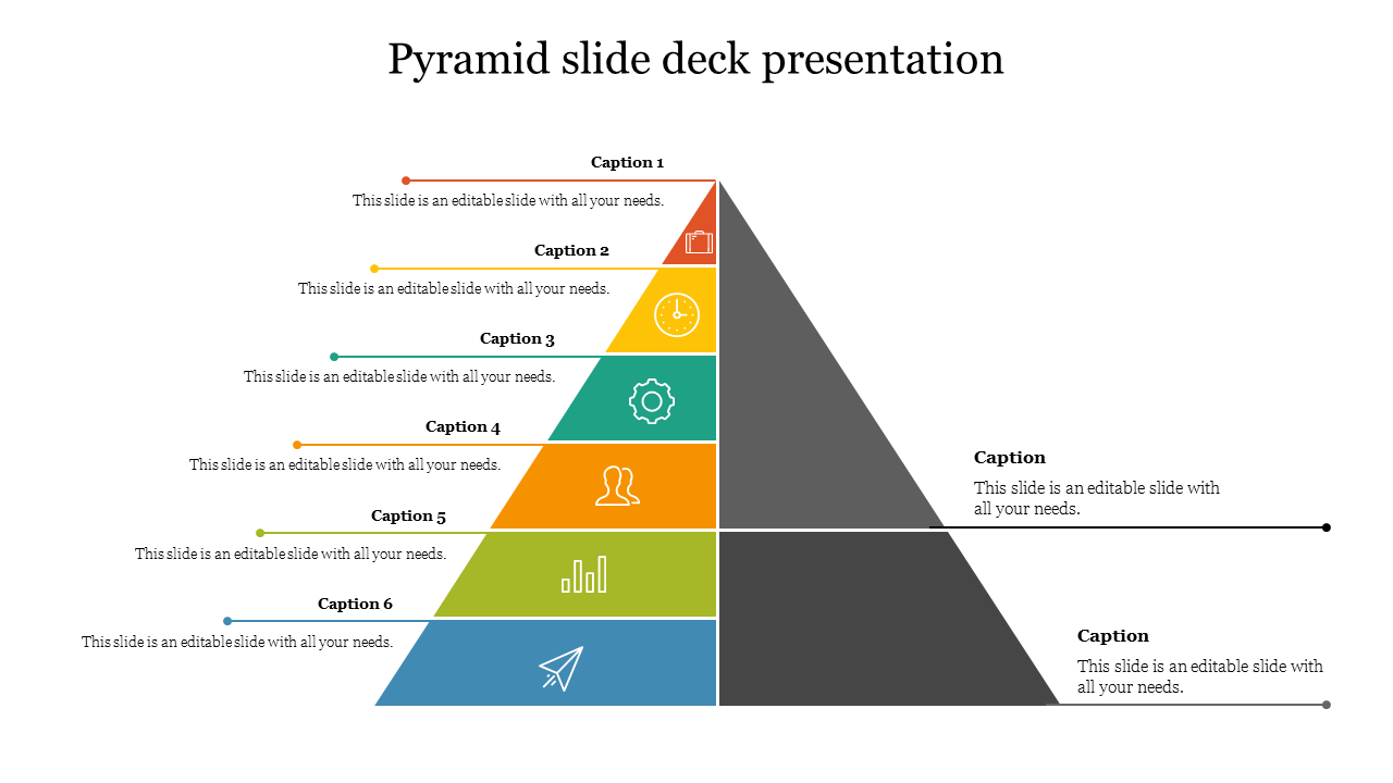 Multi-color segmented pyramid slide with labeled captions for each section, including icons and a dark gray triangle 