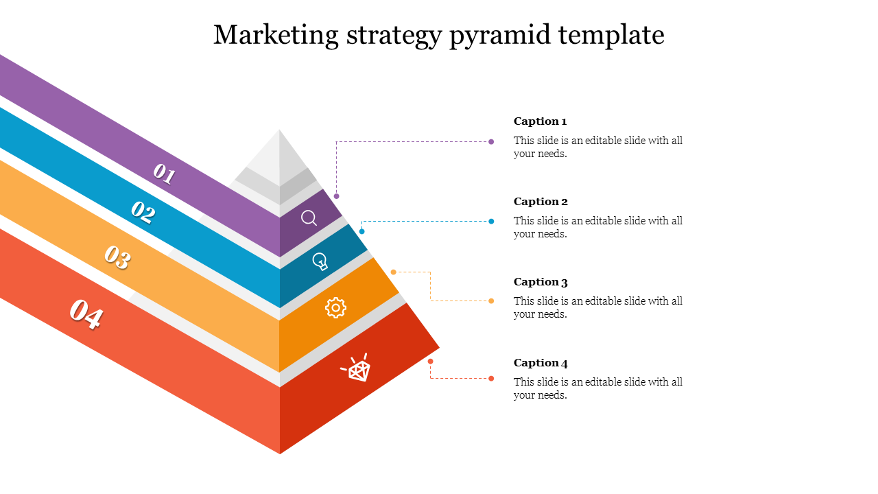 Four-level pyramid with gradient layers, each featuring icons and numbered labels representing marketing strategy steps.