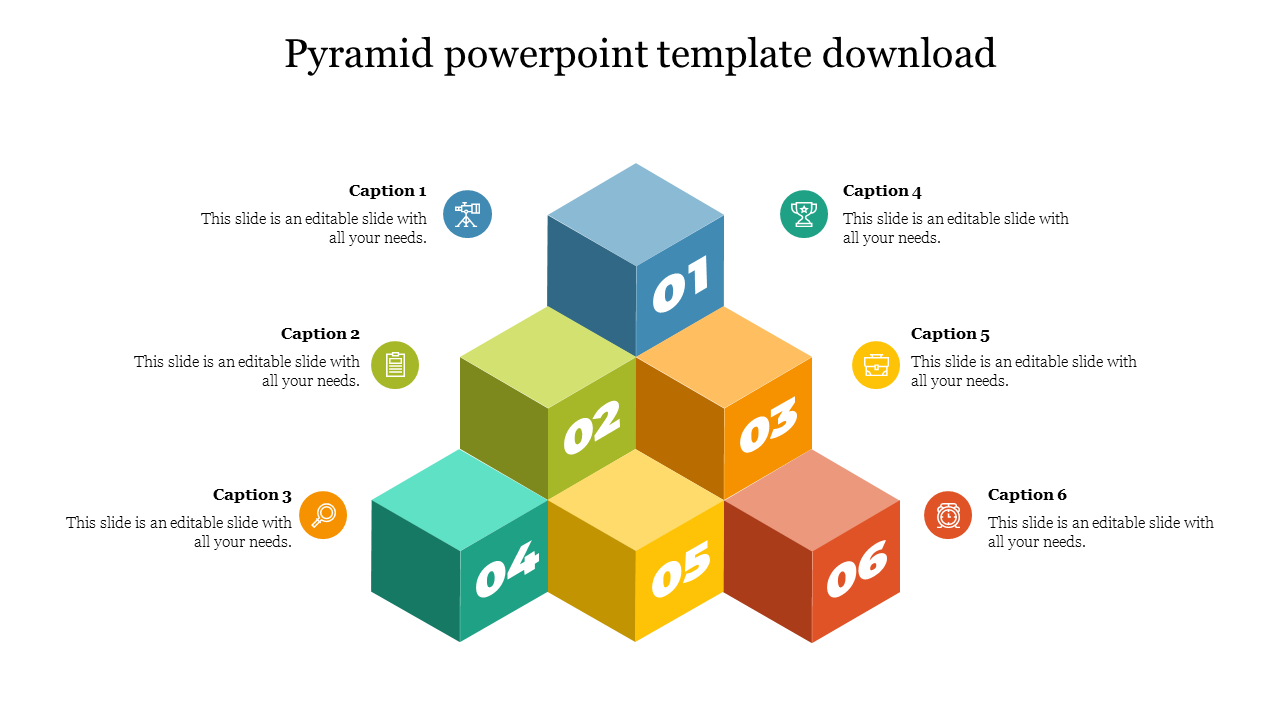 Colorful 3D pyramid made of six numbered blocks in blue, green, orange, teal, yellow, and red, each with a distinct icon.