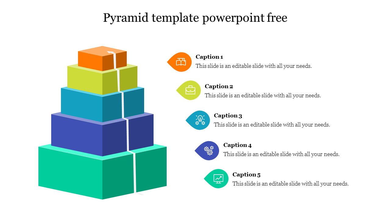 Pyramid structure made of colorful blocks in orange, yellow, teal, blue, and green, with five labeled sections.