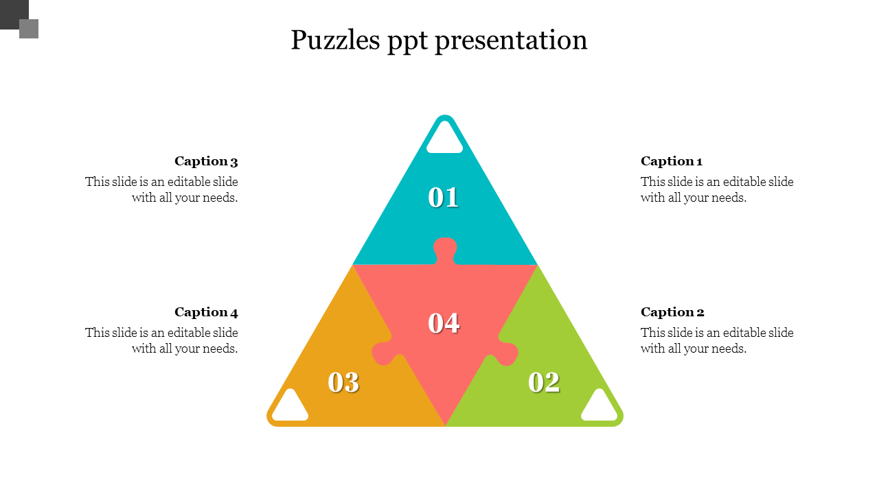 Colorful puzzle shaped triangle with four numbered pieces in teal, green, yellow, and orange, representing captions.