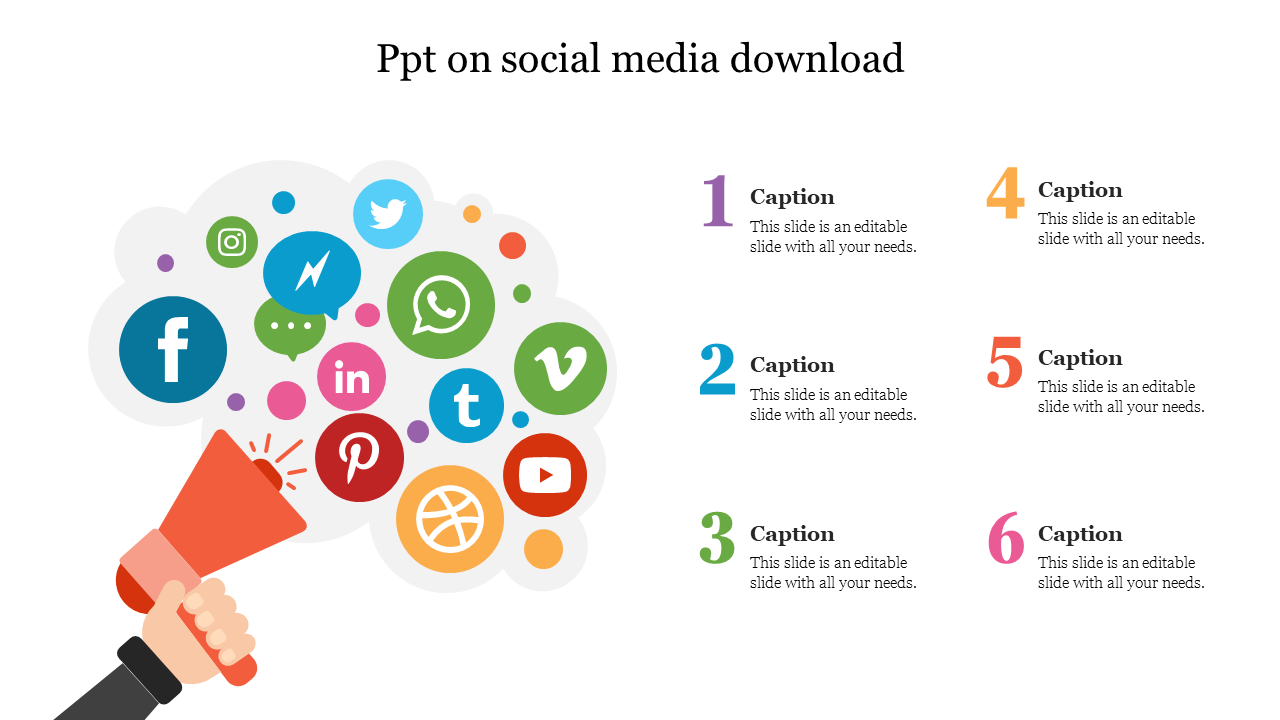 Social media icons emerging from a megaphone illustration on the left, with six numbered captions areas.