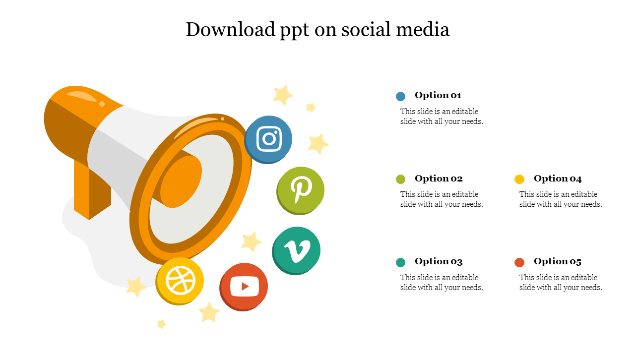 Social media slide featuring a large megaphone icon with various icons around it and options on the side.