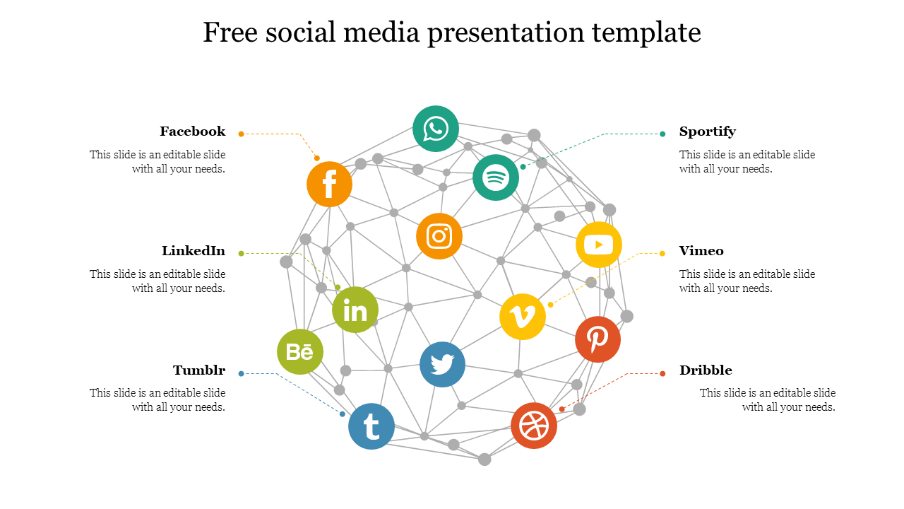 Network of colorful social media icons connected in a web like pattern, with labels for six different platforms.