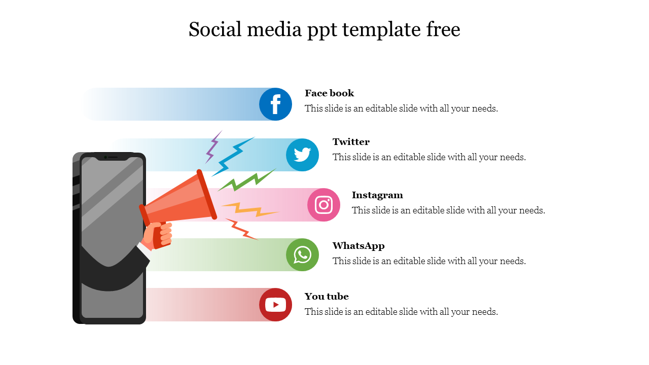 Social media PPT slide featuring a smartphone with a megaphone amplifying messages with icons and placeholder text.