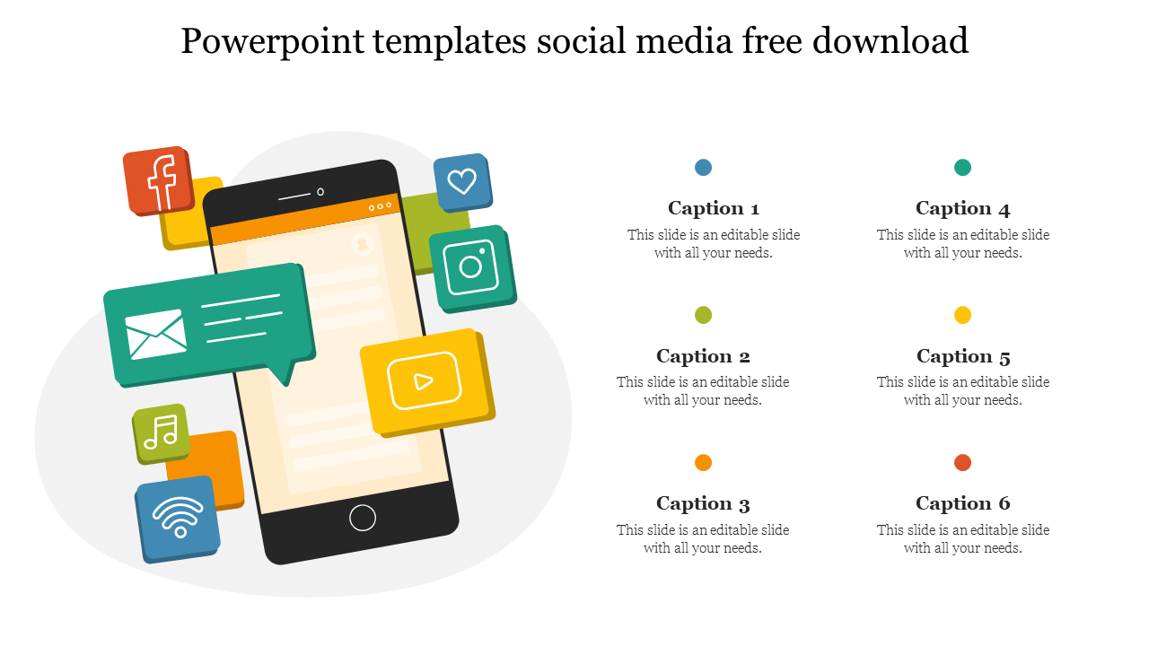 Social media slide with a mobile phone and various icons representing messaging, media, and social platforms with captions.