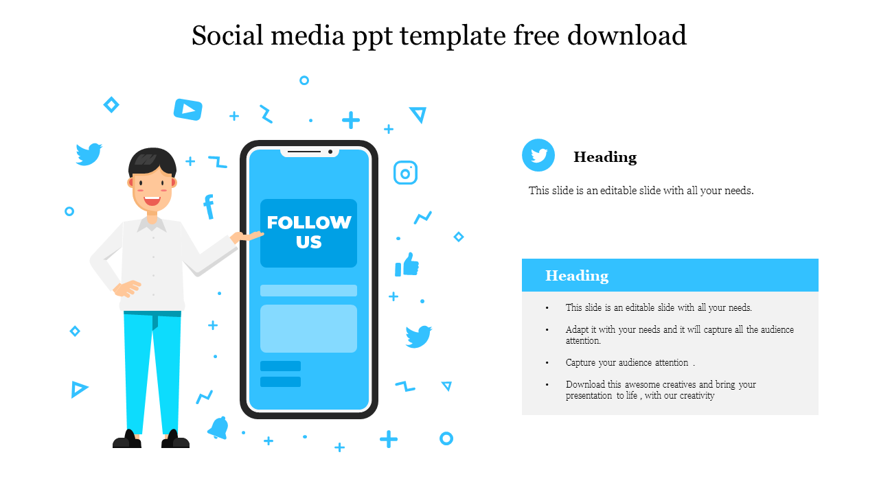 Illustration of a man pointing to a smartphone screen with a click button to follow, surrounded by social media icons.