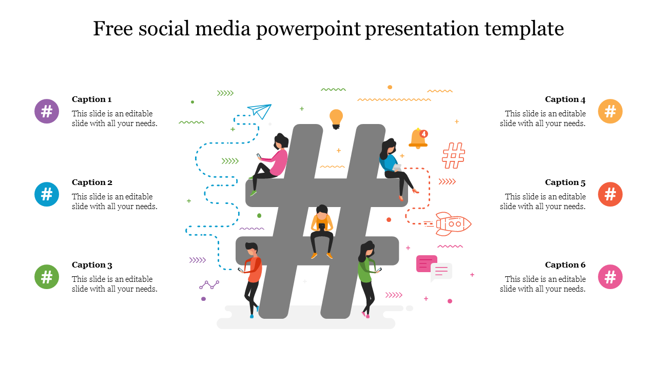 Illustrative social media PowerPoint slide featuring a large hashtag symbol with people using mobile devices with captions.