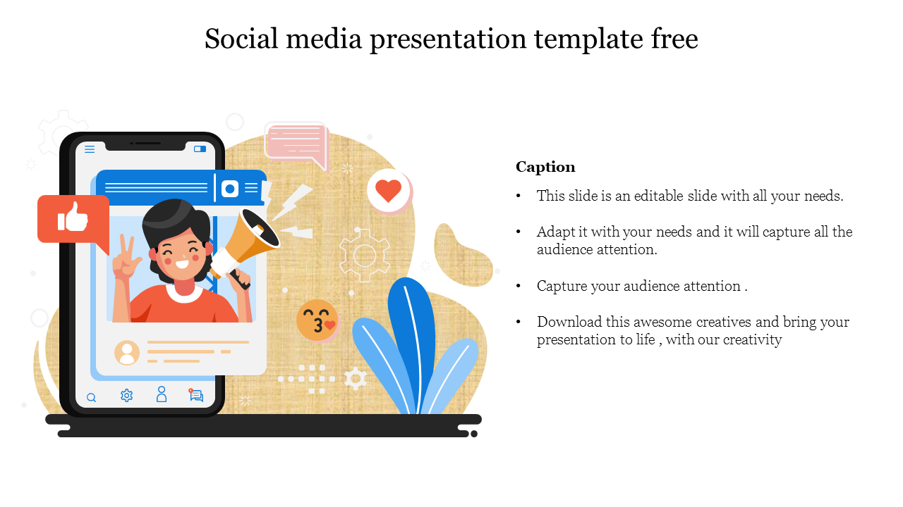 Illustrated social media PPT slide featuring a smartphone with a user holding a megaphone and engagement icons with captions.