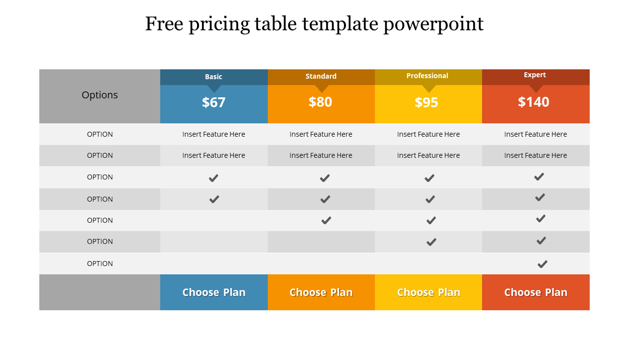 Slide with four color coded pricing tiers and options for each plan.