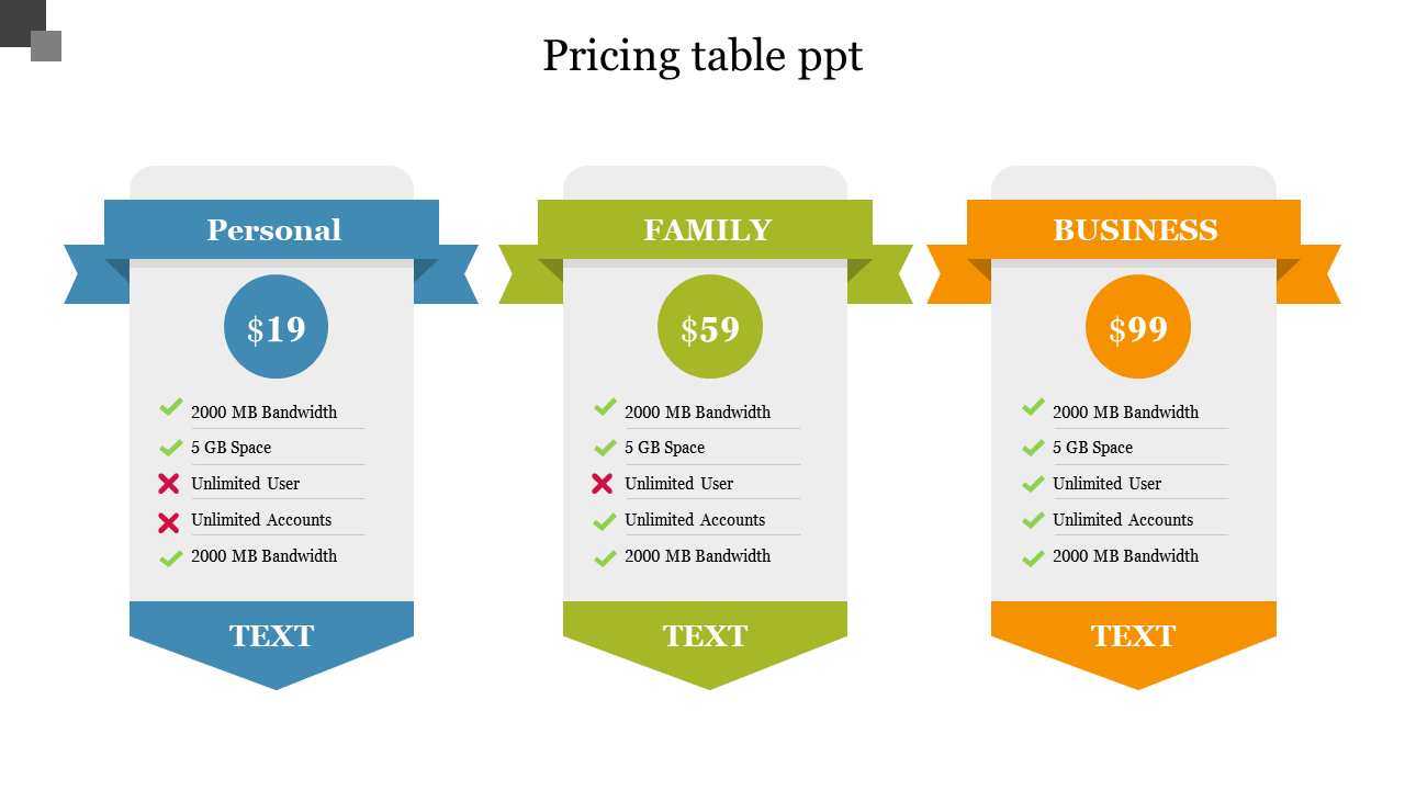 Three pricing options displayed side by side with banners in blue, green, and orange, each with different price tiers.