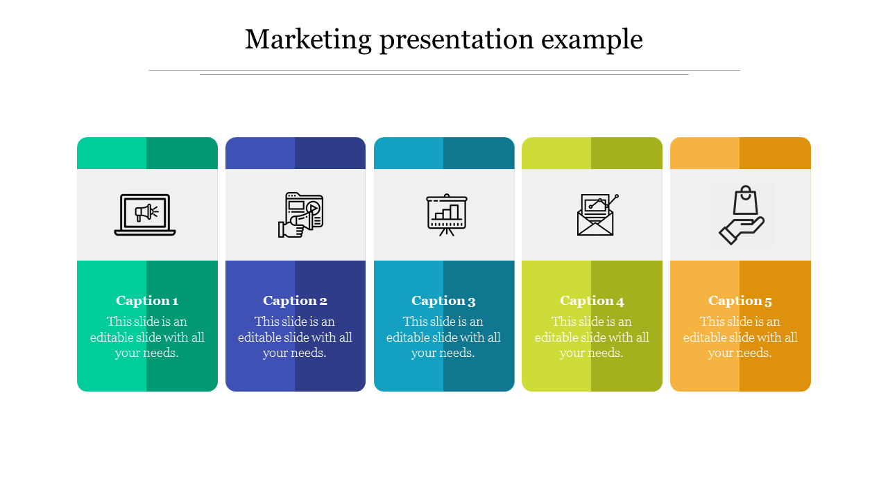 Marketing slide with five vertical rectangles in green, blue, teal, yellow, and orange, each with icons and captions below.