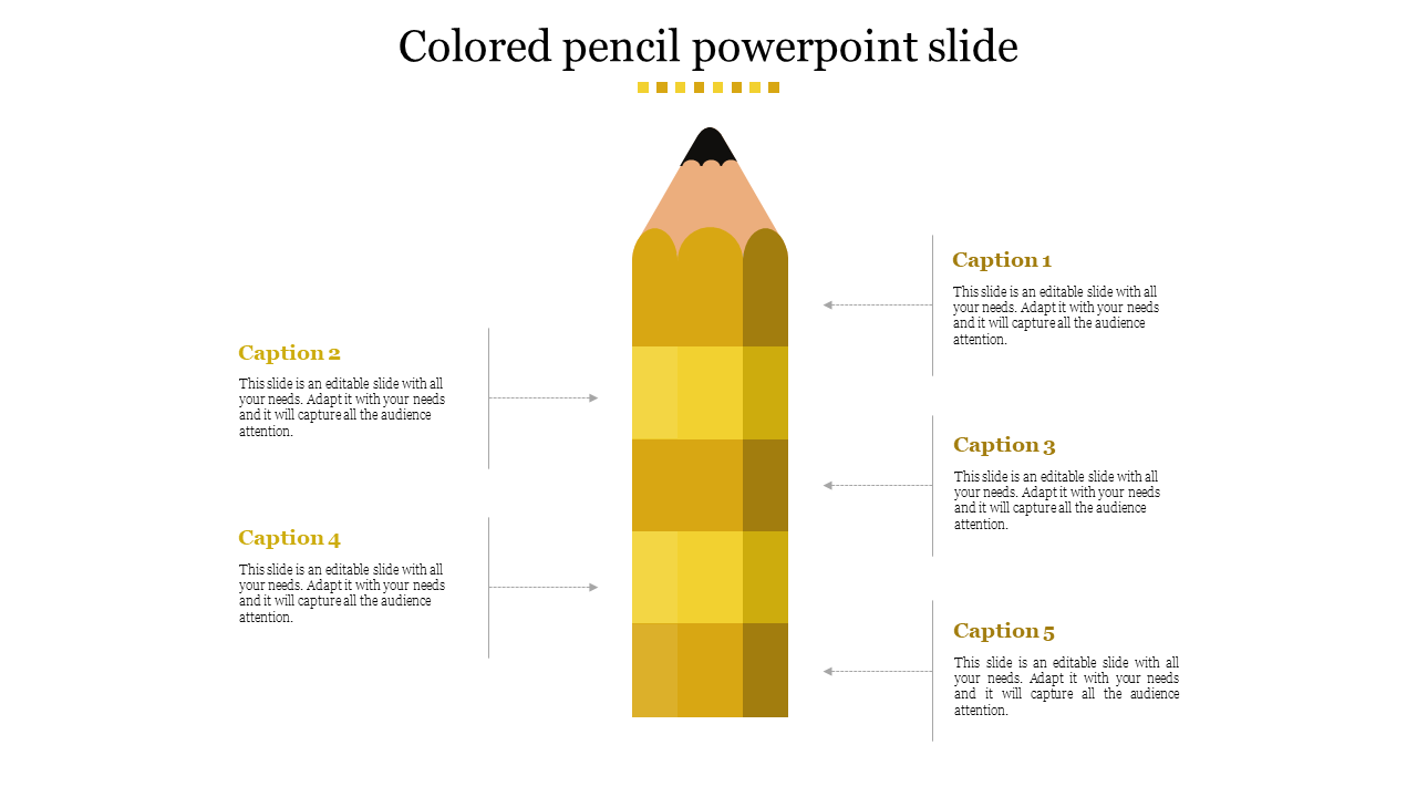 Illustration of a yellow pencil didived into five blocks paired with text areas placed around it, on a white backdrop.