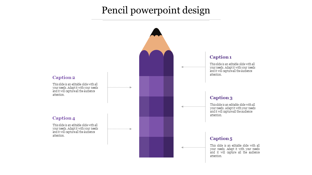 Creative PowerPoint template featuring a segmented purple colored pencil design with five captions on a white backdrop.