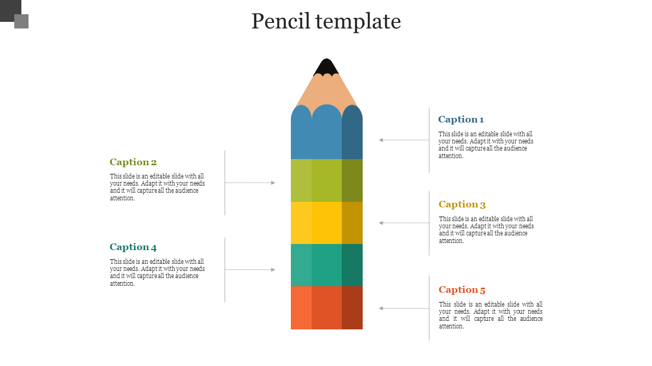 Pencil graphic with five sections in blue, green, yellow, teal, and red, each linked to captions on the sides.