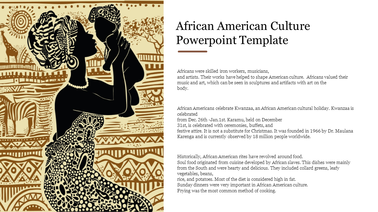 African art style image of a woman holding a child, against a patterned background, with a block of text on the right