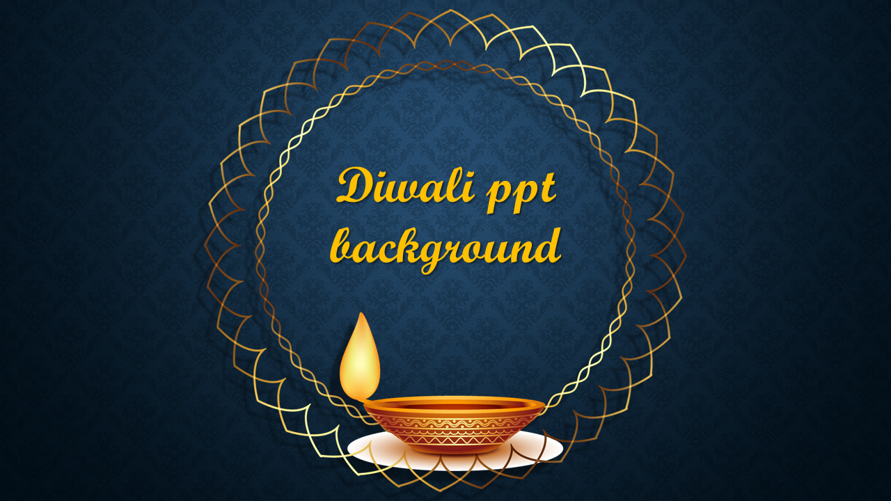 Dark blue patterned background featuring a gold ornamental circle around yellow text with a lit oil lamp below.