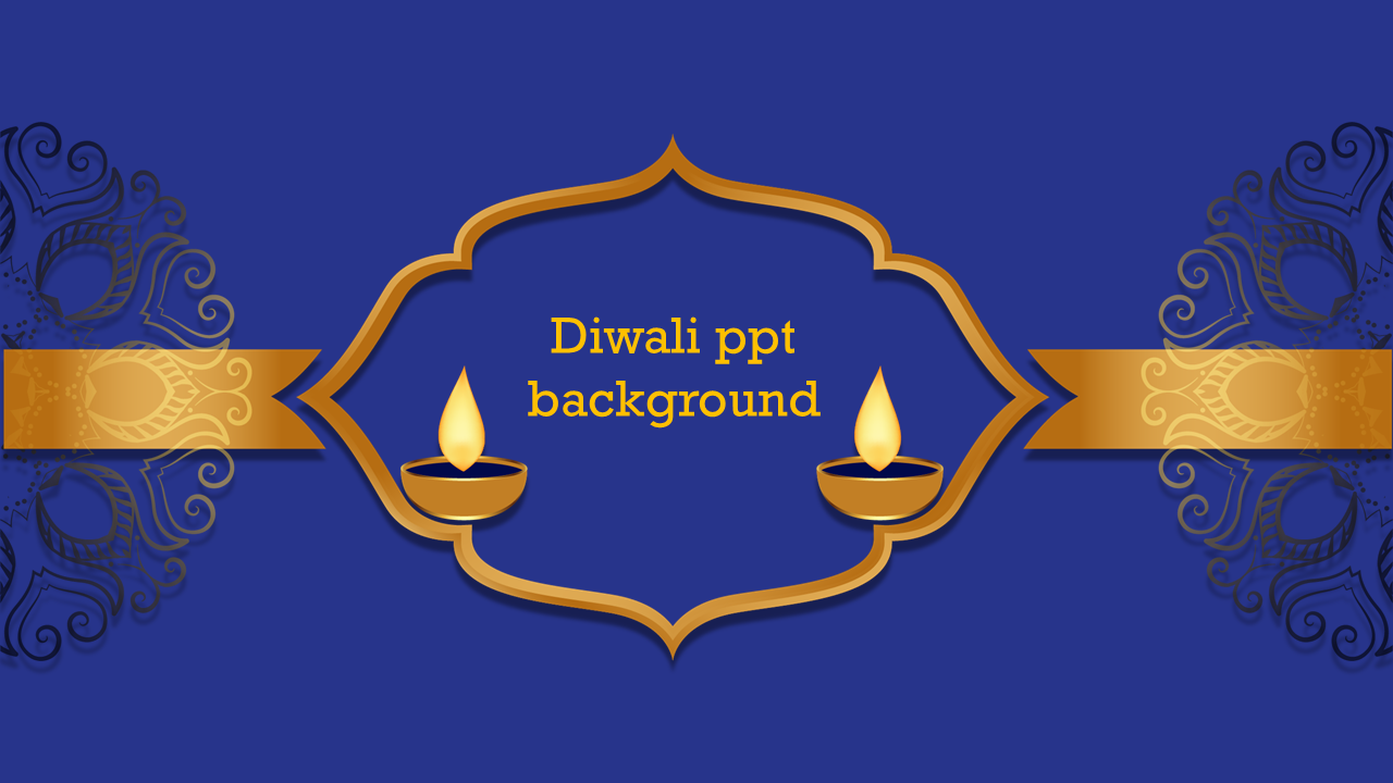 Diwali themed PowerPoint background slide with glowing diyas, golden borders, and a festive royal blue backdrop.